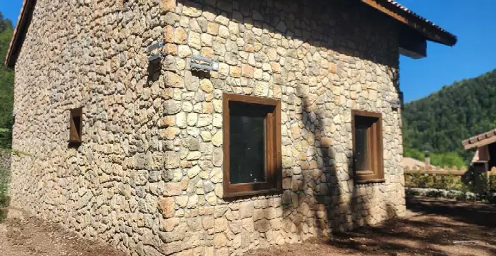Orman kenarındaki tek katlı evde yuvarlak hatlı taş cephe