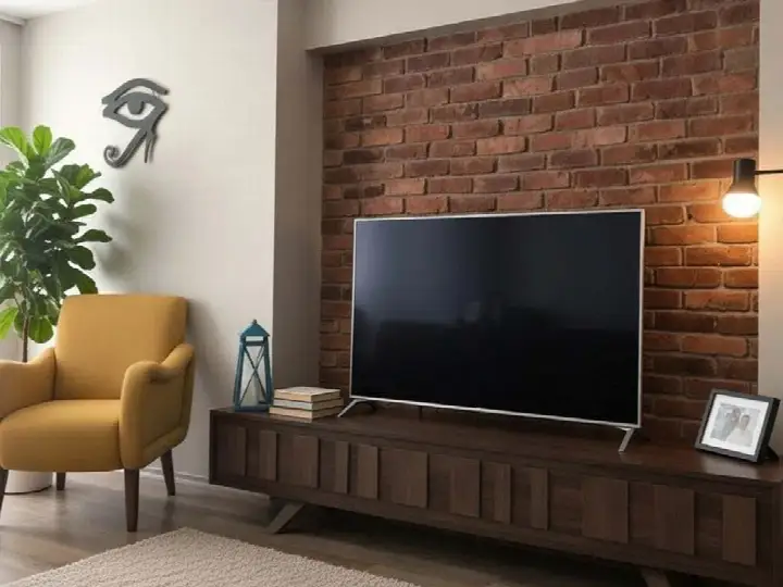 Sade salonda TV arkası tuğla duvar, ahşap ünite ve hardal berjer