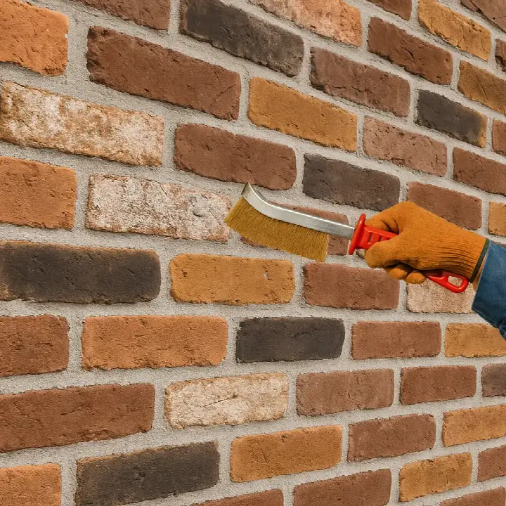 Kültür tuğlası duvarda kuruyan derz fazlasının tel fırçayla alınması